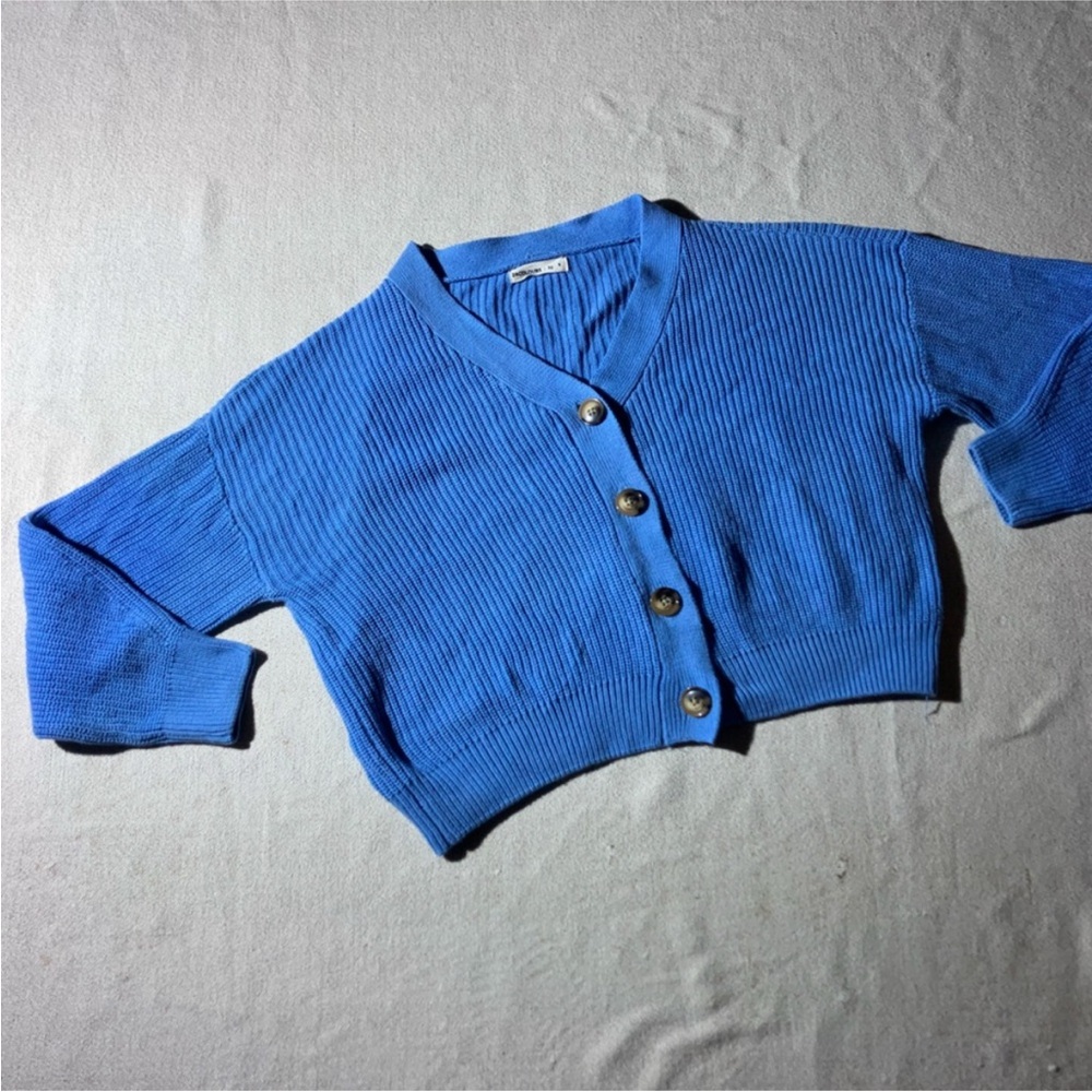 24 Colours Blue Cotton Ribbed Cropped V-neck Cardigan